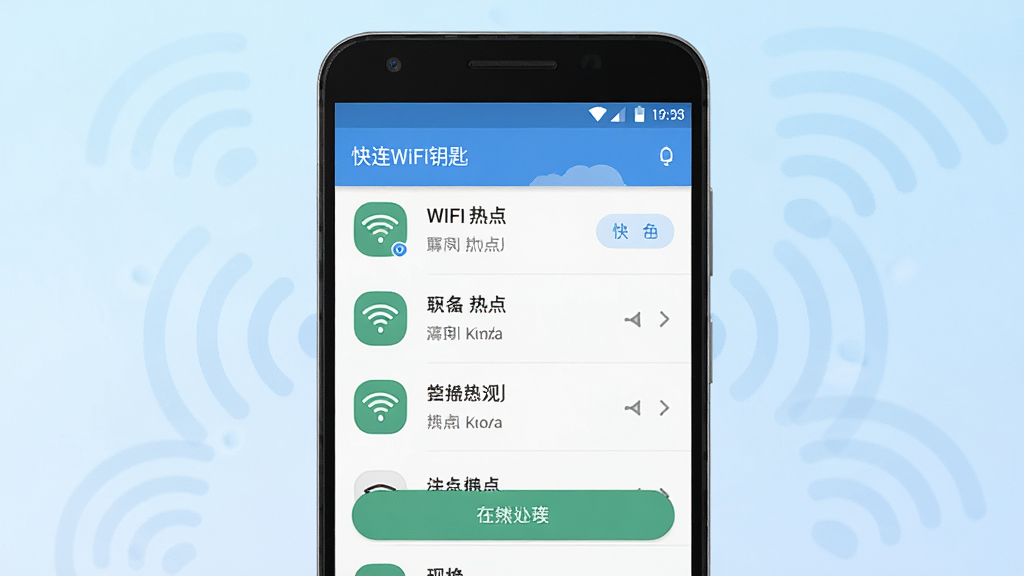 一张展示快连WiFi钥匙软件主界面的安卓手机截图,画面中央是手机屏幕,屏幕内显示清晰的WiFi热点列表和连接按钮,界面风格简洁清爽,背景为淡蓝色渐变,周围有微弱的无线信号波纹元素点缀,整体采用扁平化UI设计风格,画质清晰干净,无多余装饰元素