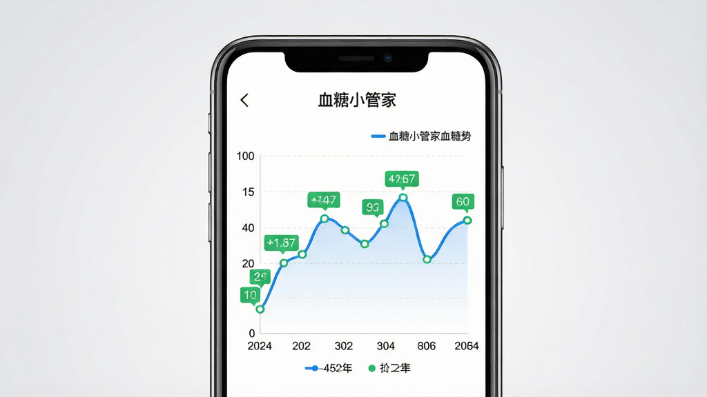 画面主体为手机屏幕展示“血糖小管家”的血糖趋势折线图,曲线起伏清晰,数据点带有数值标注;布局为手机居中,屏幕内容占据主要视觉区域,背景为浅灰色渐变;排版简洁,突出图表区域;风格为数据可视化健康报告风格,色调以白色背景搭配蓝色曲线与绿色数据点;细节包括坐标轴刻度、日期标签与图例说明;画质高清,画面干净,无多余装饰