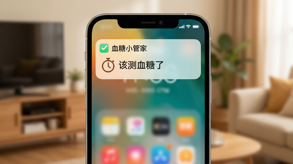 画面主体为手机锁屏界面弹出“血糖小管家”的测量提醒通知卡片,卡片上有时钟图标与“该测血糖了”文字;布局为手机居中展示,通知卡片位于屏幕上方醒目位置;排版突出通知内容与时间信息;风格为生活化手机使用场景图,色调温暖柔和;细节包括通知卡片的圆角设计、图标与文字排版,背景为虚化的室内环境;画质清晰,画面干净整洁