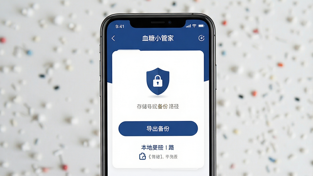 画面主体为手机屏幕显示“血糖小管家”的数据管理页面,有导出备份按钮与本地存储标识;布局为手机居中,屏幕内容清晰展示功能入口;排版突出数据安全与备份选项;风格为简洁商务风健康应用界面图,色调以深蓝与白色为主;细节包括盾牌安全图标、文件导出按钮与存储路径说明文字;画质高清,画面干净,无多余元素