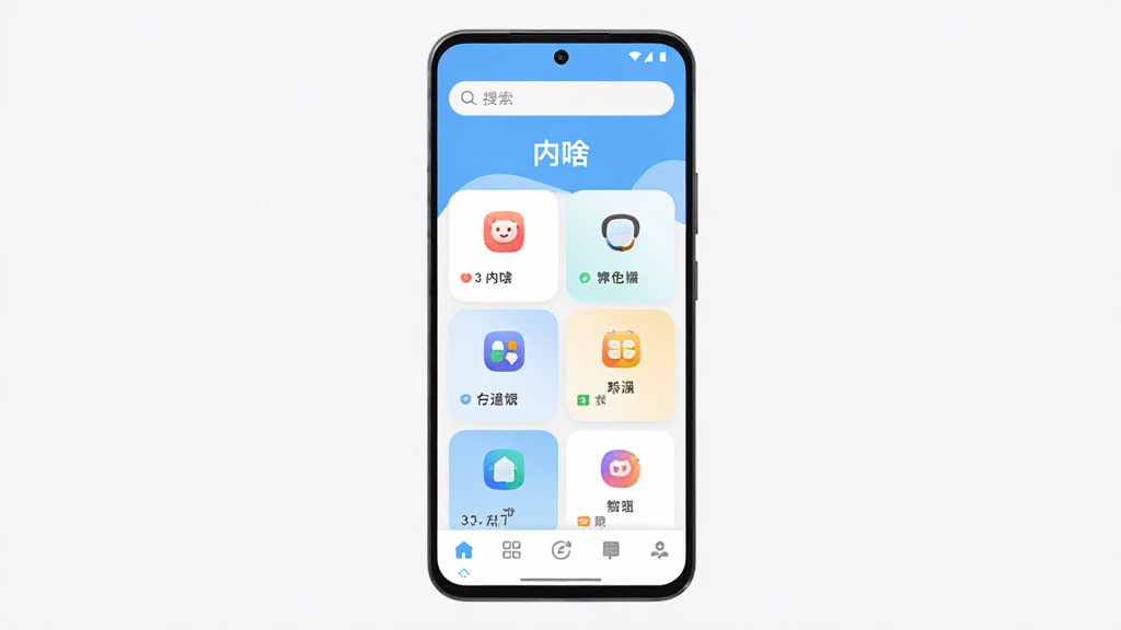 主体是一部竖屏安卓手机,屏幕中央展示“内啥”应用主界面,布局为顶部搜索栏加下方功能卡片网格,排版简洁清晰,风格为现代扁平化UI设计,细节包含圆角图标、浅色背景、底部导航栏,画质高清干净无多余元素