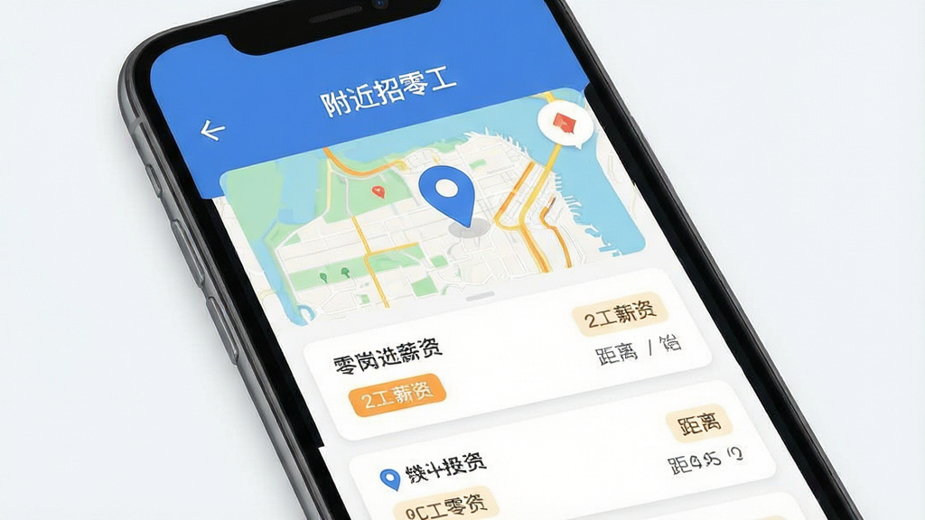手机应用界面展示,主体为一部竖屏智能手机,屏幕中央显示地图定位图标与周边零工岗位列表卡片,顶部标题写“附近招零工”,布局为上方地图、下方岗位列表,排版清晰,风格为扁平化现代UI设计,细节包含定位标记、岗位名称、薪资标签、距离显示,画质高清、画面干净、无多余元素