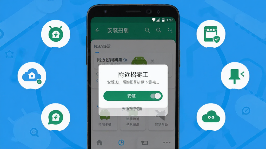 AI生图,画面主体为安卓手机安装应用界面,屏幕显示“附近招零工”安装确认弹窗,布局为居中手机、周围环绕权限图标,排版简洁,风格为扁平化科技插画,细节包含安装按钮、权限开关、安全扫描标识,画质高清、干净、无多余元素