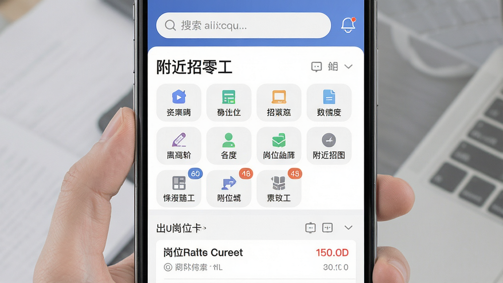 AI生图,画面主体为手机应用分类导航界面,屏幕中显示“附近招零工”多种岗位分类标签,布局为顶部搜索栏、中部标签网格、底部岗位列表,排版规整,风格为简约商务UI,细节包含分类图标、筛选条件、岗位数量角标,画质高清、干净、无多余元素