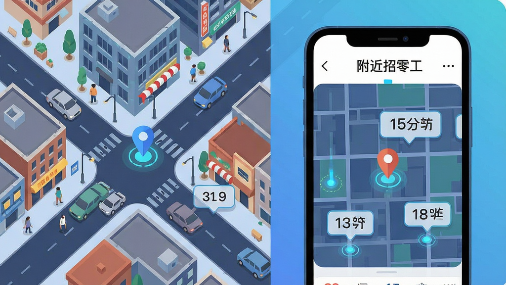 AI生图,画面主体为城市街区俯视图与手机界面叠加,手机屏幕显示“附近招零工”岗位地图,布局为左侧街区、右侧手机,排版左右分栏,风格为科技感扁平插画,细节包含定位光点、岗位气泡、距离数值,画质清晰、干净、无多余元素