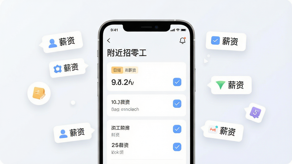 AI生图,画面主体为手机应用筛选界面特写,屏幕中显示“附近招零工”岗位筛选面板,布局为居中手机、周围漂浮薪资标签图标,排版简洁,风格为清爽浅色UI风格,细节包含日结标签、薪资数字、勾选按钮,画质高清、干净、无多余元素