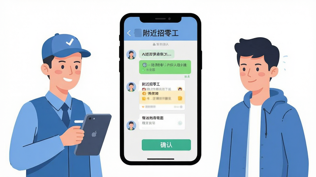 AI生图,画面主体为两名人物通过手机沟通的场景,左侧为招工方、右侧为求职者,中间为手机屏幕显示“附近招零工”聊天界面,布局为左右人物、中间手机,排版对称,风格为扁平化人物插画,细节包含对话气泡、岗位卡片、确认按钮,画质清晰、干净、无多余元素