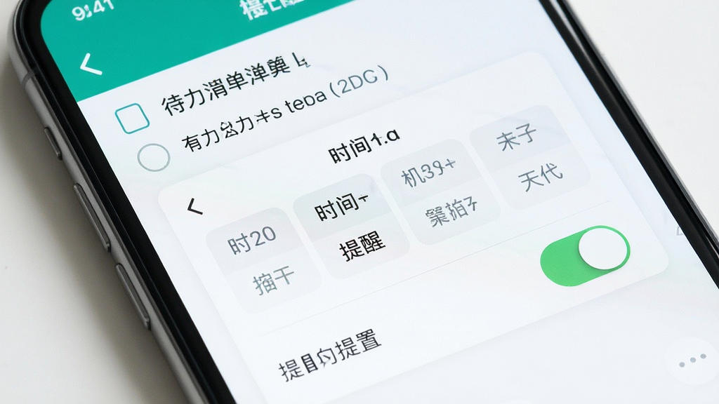 一张展示待办清单软件提醒设置界面的示意图,画面主体为手机屏幕特写,屏幕内显示待办清单应用的时间选择与提醒开关设置面板,布局简洁,风格清新,细节清晰,画质干净,无多余元素