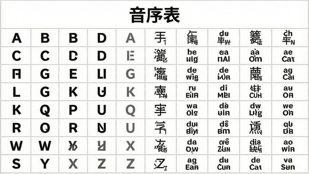 一张信息图表风格的图片,画面中央是一张音序表,表头标注“音序表”,左侧列显示拼音字母A到Z,右侧列显示对应例字和拼音,表格线条为浅灰色,底色为白色,整体布局居中对称,风格为教育类图表设计,细节包含字母加粗和例字小字标注,画质清晰,干净,无多余元素
