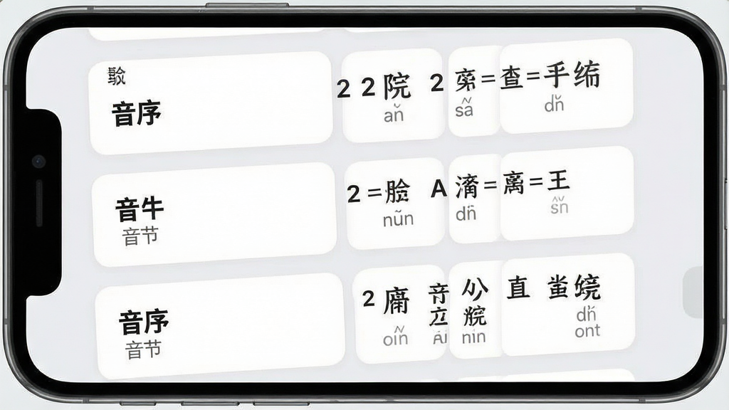 一张手机应用截图风格的图片,画面主体为手机屏幕,屏幕内显示“音序”应用的音节列表页,每个音节右侧配有2到3个例字,例字下方标注拼音,界面采用卡片式布局,卡片为白色圆角矩形,背景为浅灰色,风格为现代卡片式UI设计,细节包含音节文字加粗和例字小字灰色显示,画质清晰,干净,无多余元素