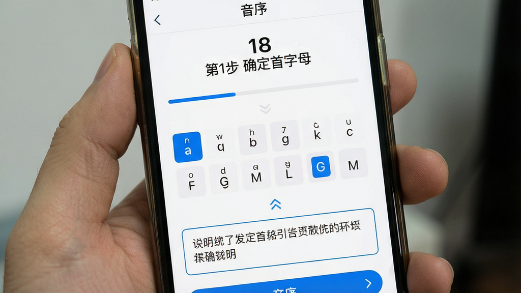 画面展示手机屏幕特写,屏幕内为“音序”应用的分步引导页面,页面顶部显示步骤序号“第1步 确定首字母”,中部有拼音字母选择区域,底部有文字说明框,界面配色为白色背景搭配蓝色按钮,布局为纵向排列,风格为简洁的教程引导界面设计,细节包含步骤进度条和箭头指示,画质清晰,干净,无多余元素