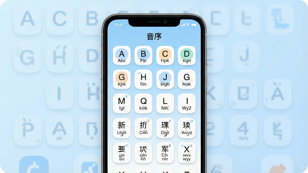 一张展示手机应用界面的图片,画面中央是手机屏幕,屏幕内显示拼音字母索引表,顶部标题为“音序”,字母从A到Z分列排列,下方有示例汉字和拼音标注,背景为浅蓝色渐变,布局简洁清晰,风格为现代扁平化UI设计,细节包含圆角图标和柔和阴影,画质清晰,干净,无多余元素