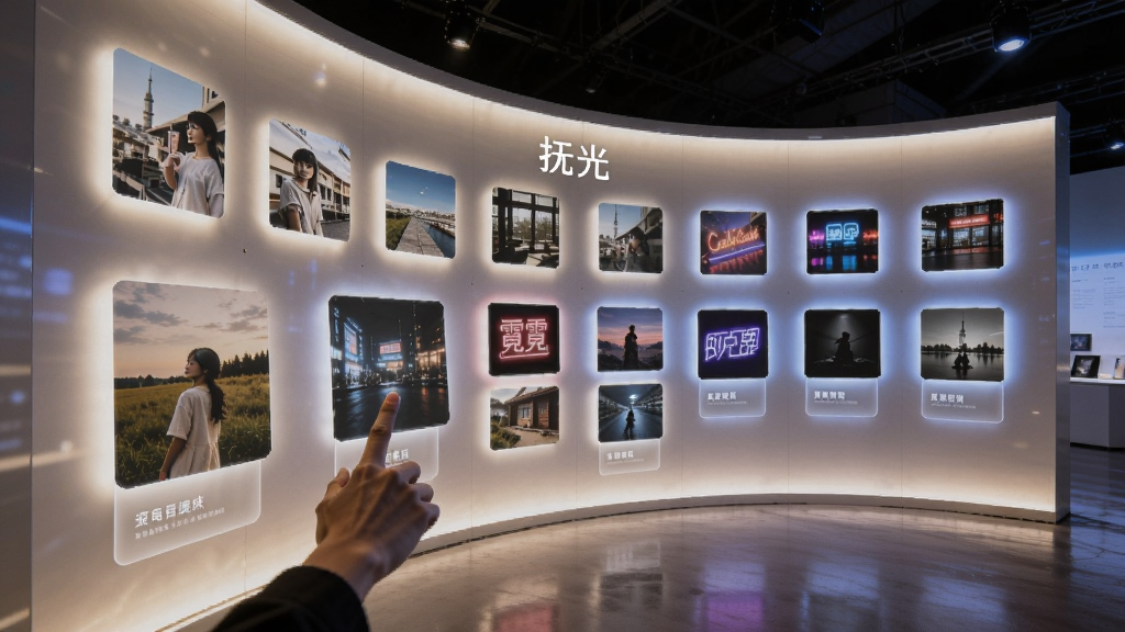画面主体是一面弧形展示墙,墙上排列着多个发光的光影风格卡片,卡片上分别呈现日系、胶片、霓虹、暗调等不同氛围的缩略图;布局为展示墙呈半环绕式包围视角,前景有一只手正点击其中一张卡片;排版上墙面顶部有“抚光”品牌字样;风格为现代产品展示空间,暖白与冷蓝灯光交织;细节上卡片有轻微悬浮感,地面有柔和反射;画质细腻,构图干净