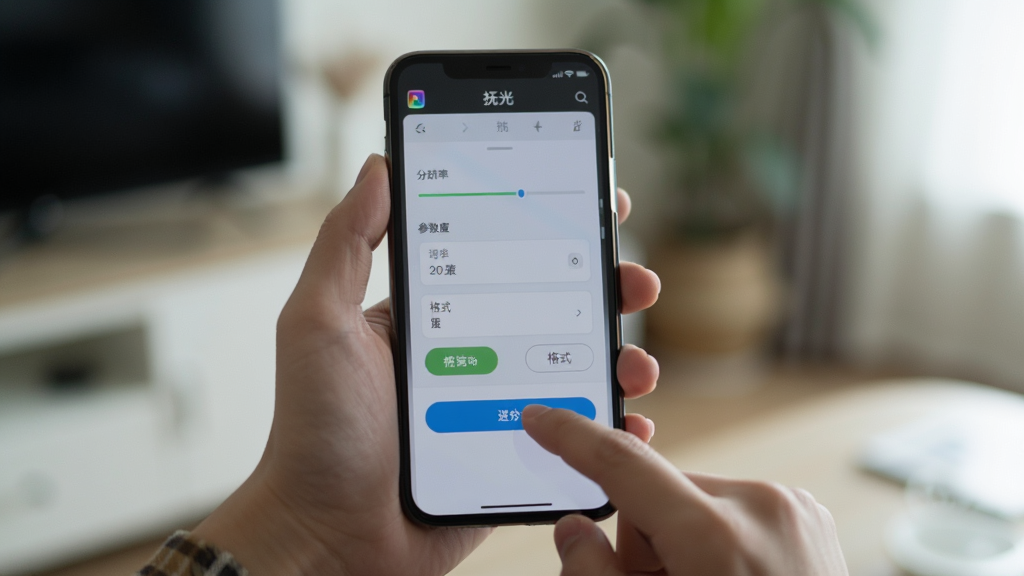 画面主体是一双手持握手机,手机屏幕显示抚光软件的导出进度条与参数设置面板,面板上有分辨率选项和格式选择按钮;布局为手部特写居中,背景为柔和虚化的室内环境;排版上屏幕上方有“抚光”小字标识;风格为真实生活场景与产品界面结合,光线自然;细节上手指正点击导出按钮,屏幕有轻微反光;画质清晰,画面干净无杂物