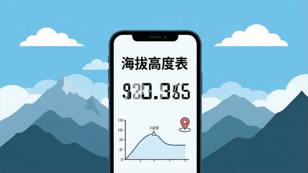 画面中央是一部手机,屏幕上以大字显示“海拔高度表”实时海拔数值,旁边配有简洁的气压曲线小图和定位图标;手机后方是层叠的山峦剪影与蓝天白云,整体采用清新扁平插画风格,排版居中对称,细节上突出数字与仪表元素,画质清晰,背景干净无杂物