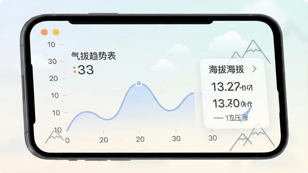手机屏幕中展示“海拔高度表”的气压趋势曲线图与海拔数值面板,曲线呈柔和波动状;背景为简洁的浅色渐变,配以淡云朵与山峰线条装饰,采用现代扁平化设计风格,排版干净有序,细节上突出曲线与数据面板,画质清晰,整体无杂乱元素