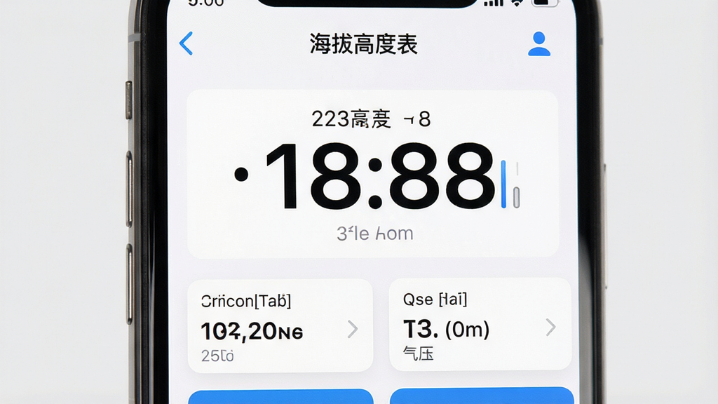 一部手机正面展示“海拔高度表”主界面,大号海拔数字居中,下方为坐标与气压小卡片排列,界面配色以白色与蓝色为主;背景为干净的浅灰纯色,采用极简UI展示风格,细节上突出界面布局与数字排版,画质高清,画面整洁无多余元素