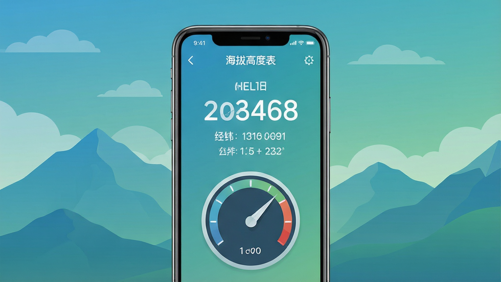 主体为一款智能手机居中竖立摆放,屏幕上清晰显示着“海拔高度表”应用界面,界面中包含醒目的海拔数字、经纬度信息以及简洁的仪表盘图形;背景为连绵的山脉与天空,采用扁平化插画风格,色调以蓝绿渐变为主,细节上手机界面元素排列整齐,整体画面干净清爽,画质高清,无多余杂乱元素