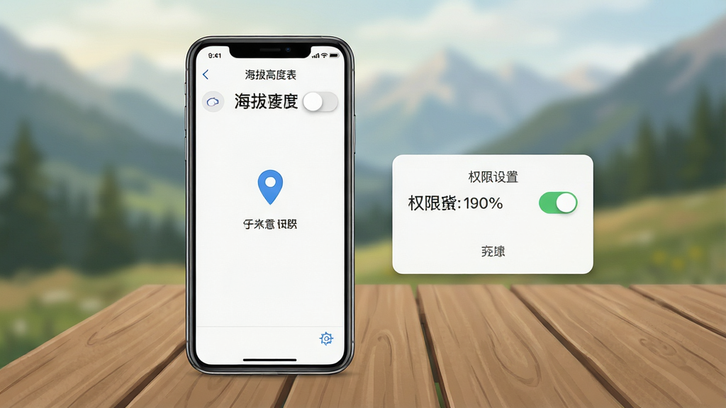 一部手机放置在户外木质桌面上,屏幕显示“海拔高度表”应用正在定位的界面,旁边配有一个简洁的权限设置弹窗示意;背景为柔和的山野风光虚化处理,采用清新写实插画风格,排版以手机为视觉中心,细节上突出权限开关与定位图标,画质清晰,整体干净整洁