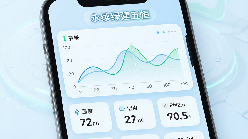 主体为手机屏幕展示多条环境数据曲线图,屏幕上方标注“永续绿建五恒”,布局为曲线图占据屏幕主要区域,下方排列温度、湿度、PM2.5数值卡片,排版上下结构清晰,风格为清新浅色科技风,细节包括淡蓝色背景、圆角卡片、细线图表,画质干净清晰,无多余元素