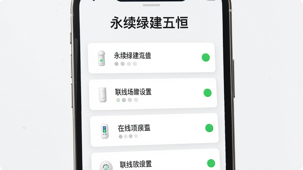 主体为手机界面展示多台设备列表与联动场景设置,屏幕上方写有“永续绿建五恒”,布局为设备卡片纵向排列,右侧显示在线状态圆点,排版整齐有序,风格为简约商务风,细节包括白色背景、浅灰分割线、绿色状态标识,画质清晰干净,无多余元素