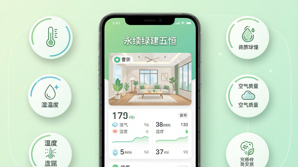 主体为一部智能手机居中放置,屏幕显示室内环境数据仪表盘界面,上方写有“永续绿建五恒”字样,布局为手机屏幕占据画面中心,周围环绕温度、湿度、空气质量等圆形数据图标,排版简洁对称,风格为现代科技感扁平化设计,细节包括淡绿色渐变背景、细线条图标、柔和阴影,画质清晰干净,无多余元素