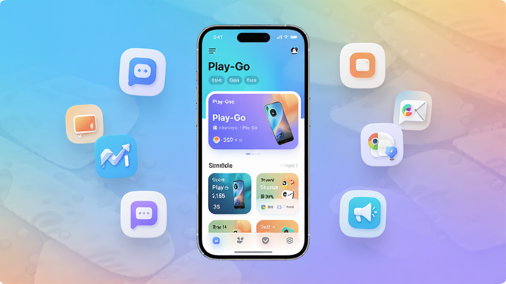 主体为一部手机展示 Play-Go 首页卡片式布局,周围漂浮多个功能图标;布局为手机居中、图标环绕;排版疏密有致;风格为清爽科技感;细节包含圆角卡片、分类标签、渐变背景;画质高清干净,无多余元素