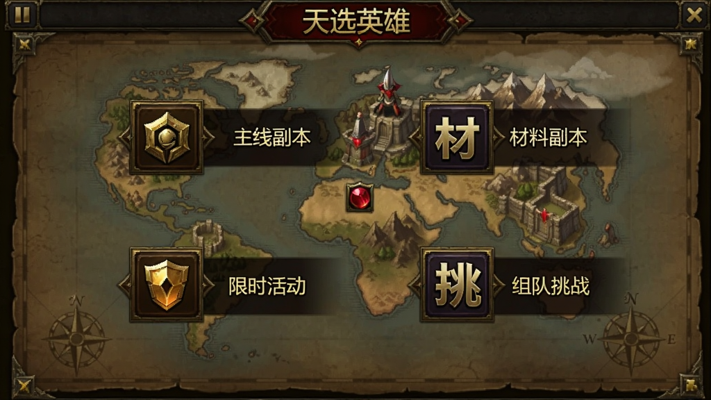 一张游戏内副本选择界面风格图片,画面以“天选英雄”游戏世界地图为背景,地图上分布着主线副本、材料副本、限时活动、组队挑战四个入口图标,每个图标旁配有简短文字标签,整体色调为暗金色与深红色搭配,风格为传奇手游副本界面,布局清晰,画质干净,无多余元素