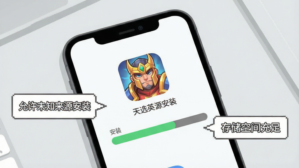 一张手机游戏安装教程示意图,画面为一部智能手机屏幕特写,屏幕上显示“天选英雄”游戏图标与安装进度条,旁边用箭头标注“允许未知来源安装”与“存储空间充足”两个提示气泡,背景为浅灰色桌面,整体风格为简洁教程插图,文字清晰,画质干净,无多余元素
