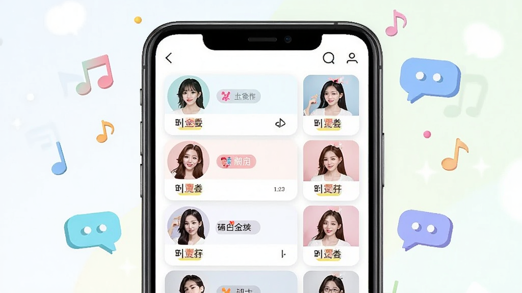 一张比心直播直播广场界面的概念图,画面以手机屏幕为主体,屏幕内展示多个直播间缩略卡片整齐排列,卡片上有主播头像和分类标签,周围点缀音符与对话气泡元素,风格清新明亮,布局规整,画质清晰,无多余元素