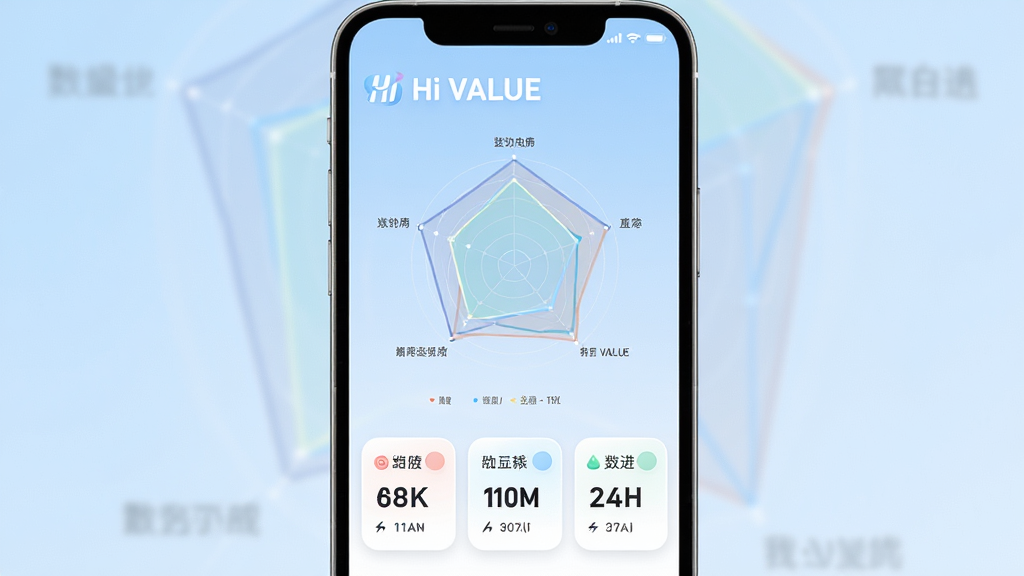 主体为 Hi VALUE 应用内的多维度价值评估结果页面,屏幕显示雷达图与数据卡片;布局为手机正面展示、背景为浅蓝渐变;排版为顶部标题“Hi VALUE”、中部雷达图、下方三张数据卡片;风格为清爽数据可视化风;细节为图表线条清晰、卡片圆角、数字醒目、配色柔和;画质高清、画面干净、无多余元素
