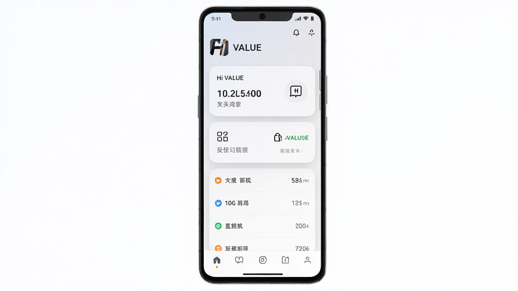 主体为一部竖屏安卓手机,屏幕中央显示 Hi VALUE 应用主界面,界面包含价值评估卡片与数据列表;布局为手机居中、浅色渐变背景、四周留白;排版为上方应用名称“Hi VALUE”标题、中部功能卡片、底部导航栏;风格为现代简约科技风;细节为卡片圆角、柔和阴影、图标线性化、界面文字清晰;画质高清、画面干净、无多余元素