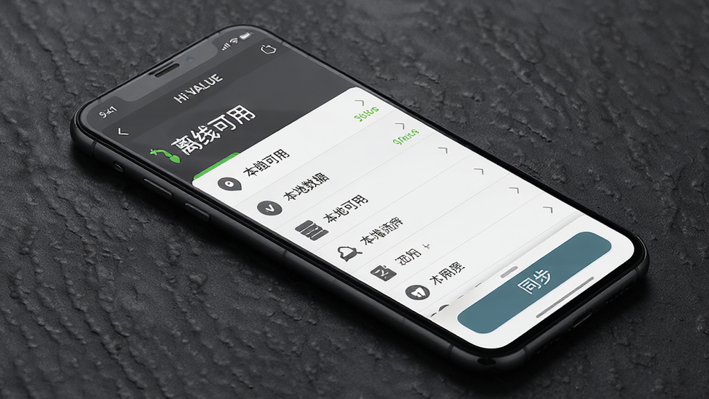 主体为 Hi VALUE 应用离线模式界面,屏幕显示“离线可用”标识与本地数据列表;布局为手机斜放、背景为深灰质感;排版为顶部状态栏、中部数据列表、底部同步按钮;风格为沉稳工具风;细节为图标简洁、文字清晰、状态标识醒目;画质高清、画面干净、无多余元素