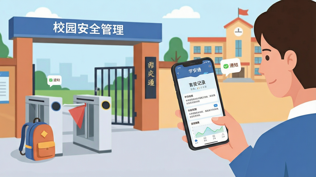 一张展示校园安全管理的场景插画,画面主体为一名家长手持手机查看校园门禁通行记录界面,手机屏幕中显示“学安通”应用首页布局,背景为学校大门与教学楼,布局采用左中右三分构图,风格为扁平化现代插画,细节包含校门闸机、学生书包、通知气泡图标,画质清晰干净,无多余元素