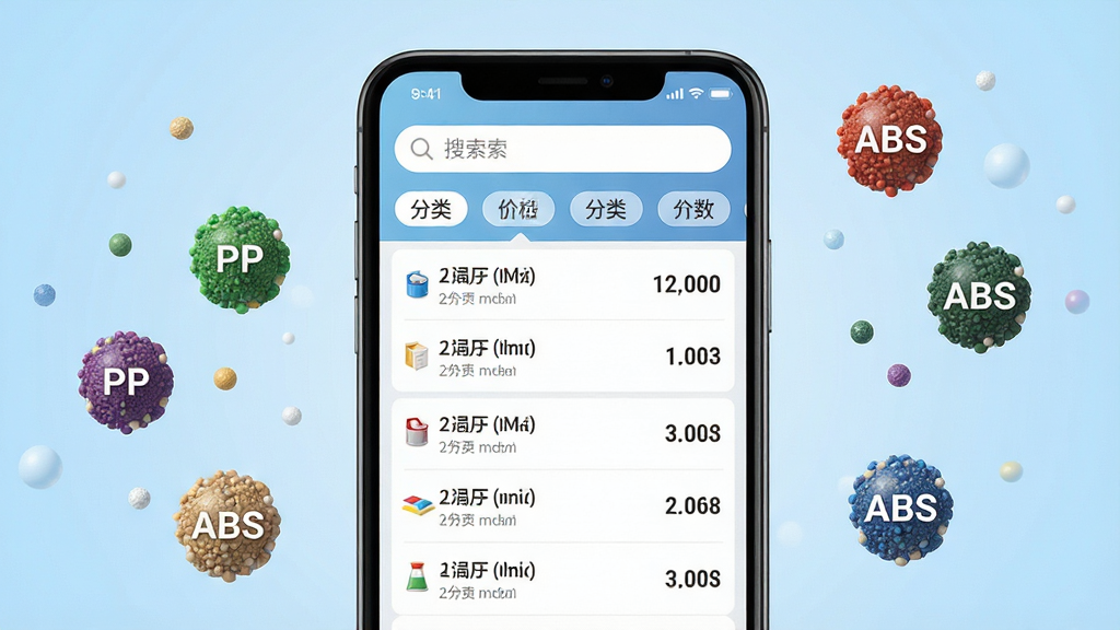 手机屏幕居中展示塑胶原料价格列表界面,顶部搜索框和分类标签清晰可见,背景为浅蓝渐变,周围环绕PP、PE、ABS等原料粒子图标,整体布局简洁有序,扁平化商务风格,细节精致,高清画质,干净无多余元素