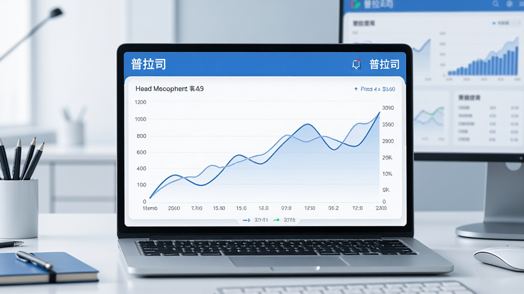 普拉司应用内展示折线走势图与价格刻度,屏幕角落有“普拉司”标识,背景为简洁的数据分析桌面,蓝白配色,商务风格,细节准确,高清画质,干净无多余元素