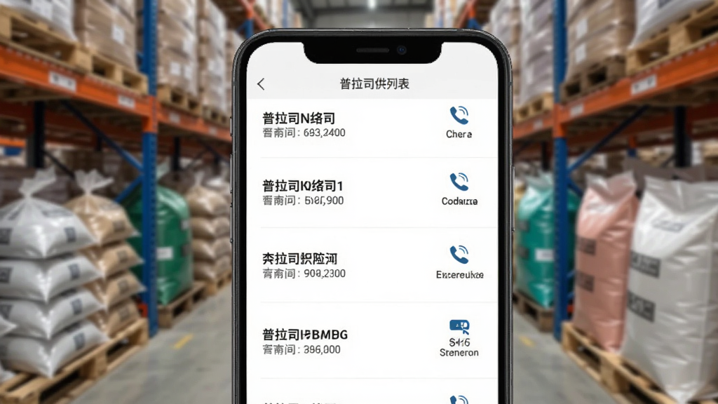 手机屏幕显示普拉司供应商列表页面,每条信息包含公司名称与联系方式图标,背景为仓库货架与塑料粒子袋的虚化场景,界面整洁,商务风格,细节丰富,高清画质,干净无多余元素