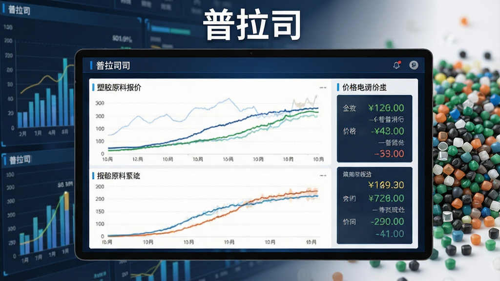 普拉司应用界面中展示多条塑胶原料报价曲线与价格数字,屏幕上方标注“普拉司”字样,背景为数据图表与塑料粒子结合的场景,布局清晰,科技商务风格,细节丰富,高清画质,干净无多余元素