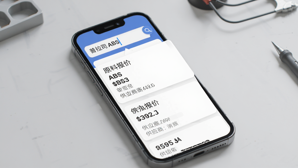手机界面显示普拉司搜索框输入“ABS”后弹出多条原料报价卡片,卡片上标注价格与供应商信息,背景为浅灰色工作台场景,扁平化设计风格,排版整齐,细节清晰,高清画质,干净无多余元素