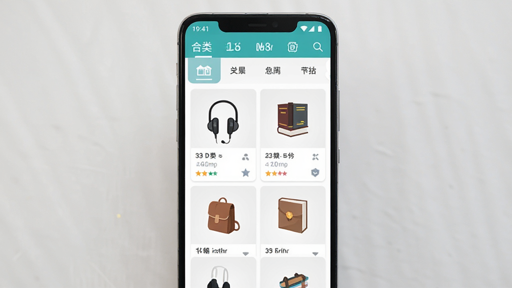 主体为一部竖屏安卓手机,屏幕中展示二手商品交易平台的首页界面,包含分类导航栏与商品卡片列表,布局居中对称,排版清晰,风格为清爽明亮的扁平化UI设计,细节包含手机、耳机、书籍等二手物品小图标,画质高清,干净,无多余元素