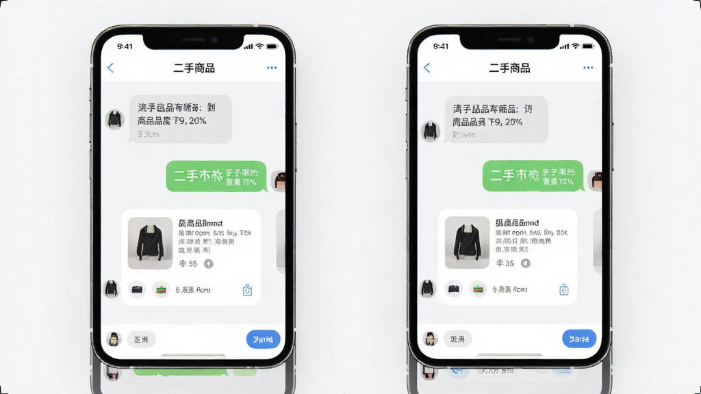 主体为两部手机并排展示聊天对话界面,屏幕中显示二手商品交易平台的聊天窗口与商品卡片,布局左右对称,排版工整,风格为现代扁平化设计,细节包含对话气泡、商品缩略图、发送按钮,画质高清,干净,无多余元素