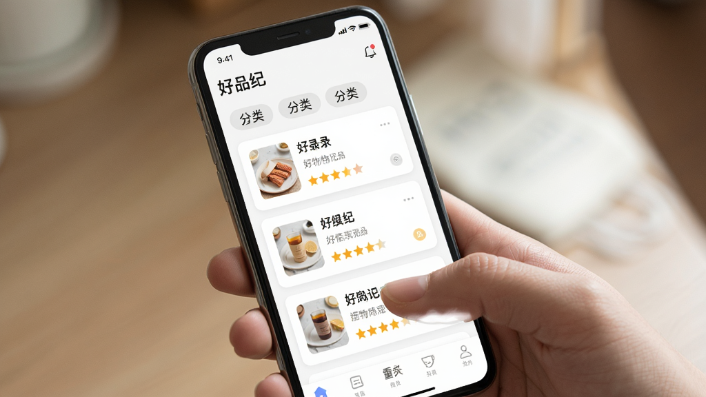 一款名为“好品纪”的应用使用场景图,主体为手机屏幕展示好物记录列表与分类标签,布局为手持手机特写视角,排版突出屏幕内容,风格生活化实景拍摄感,细节包含手指点击操作、卡片式记录条目与评分星星,画质清晰自然干净无多余元素
