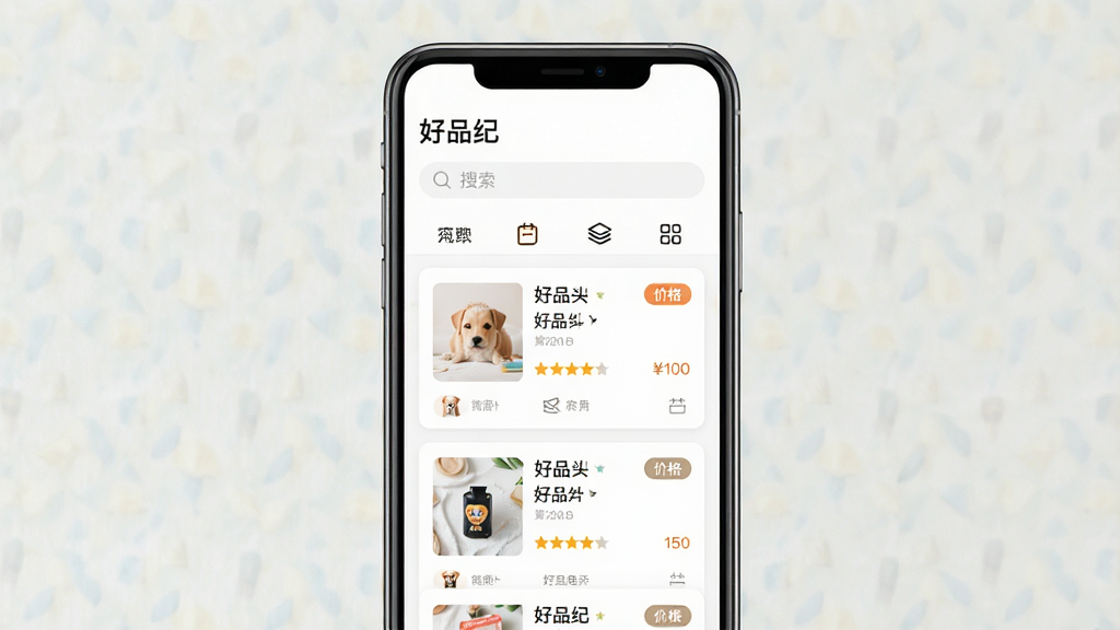 一款名为“好品纪”的手机应用界面展示图,主体为手机屏幕居中放置,屏幕内呈现好物记录列表与分类标签,布局采用上下结构,上方为应用名称“好品纪”与搜索栏,下方为卡片式商品记录条目,排版整齐清晰,风格为现代简约扁平化设计,细节包含评分星级、价格标签与分类图标,画质高清干净无多余元素