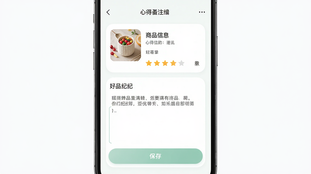 一款名为“好品纪”的应用界面展示图,主体为心得备注编辑页面,布局为上方商品信息卡片与下方文本输入区域,排版简洁纵向排列,风格柔和圆角设计,细节包含评分星级控件、文字输入框与保存按钮,画质高清干净无多余元素