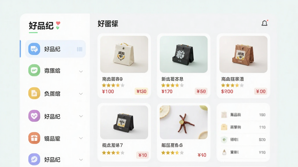 一款名为“好品纪”的应用功能展示图,主体为分类管理界面,布局为左侧分类标签栏与右侧商品卡片列表,排版采用网格与列表结合方式,风格清新浅色系,细节包含彩色分类图标、评分星星与价格标签,画质清晰干净无多余元素