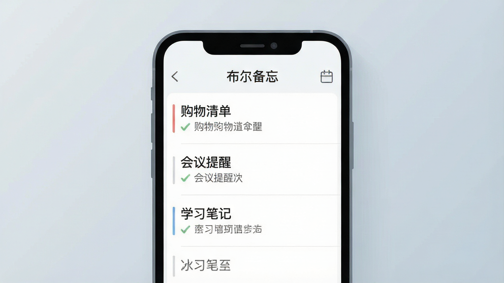 一张展示手机记事本应用界面的插画,画面中央是一部竖屏智能手机,屏幕上显示简洁的便签列表界面,顶部有“布尔备忘”字样,列表条目包含购物清单、会议提醒、学习笔记等条目,背景为浅灰蓝色渐变,整体风格干净清爽扁平化设计,细节清晰,画质高清,无多余元素