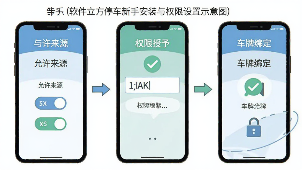 软件立方停车新手安装与权限设置示意图,主体为手机屏幕展示安装允许来源、权限授予与车牌绑定步骤,布局采用三步横向流程排列,风格扁平化指引风格,细节包含开关按钮、车牌输入框、对勾图标,画质清晰干净无多余元素