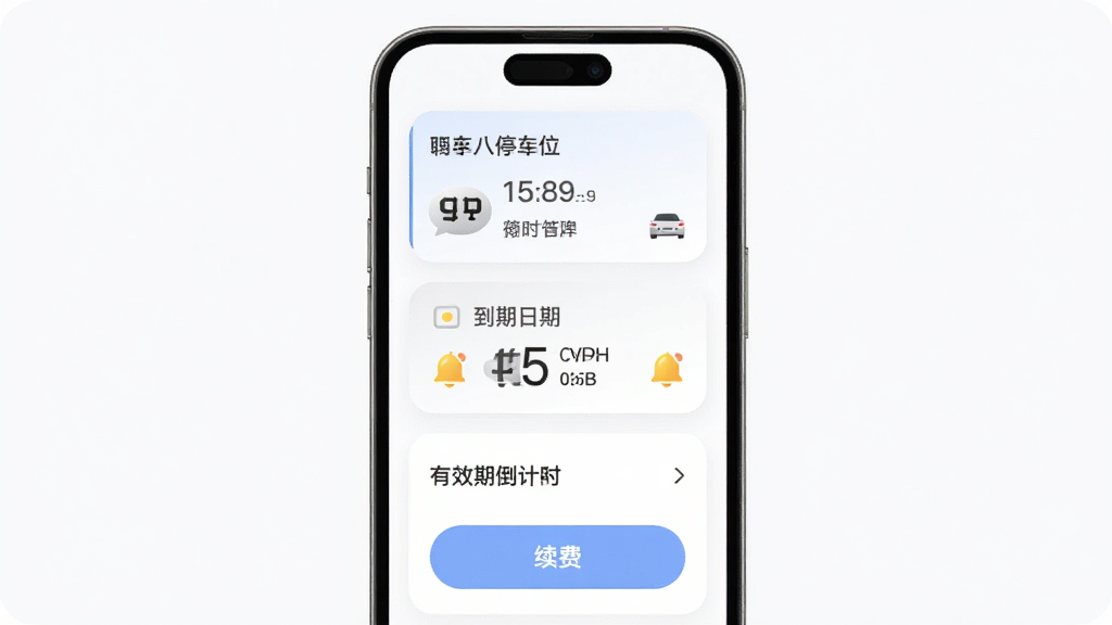 软件立方停车月租管理与到期提醒界面,主体为手机屏幕显示月租车位卡片、有效期倒计时与续费按钮,布局采用卡片式纵向排列,风格柔和圆角设计,细节包含车牌信息、到期日期、提醒铃铛图标,画质清晰干净无多余元素
