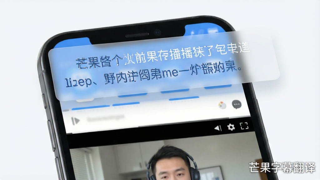 手机屏幕上方悬浮着半透明字幕条,下方是视频播放界面,字幕条内显示中英对照文字,整体风格清爽现代,蓝白配色,扁平化设计,画面干净,高质量产品展示图,软件名称“芒果字幕翻译”以水印形式出现在角落