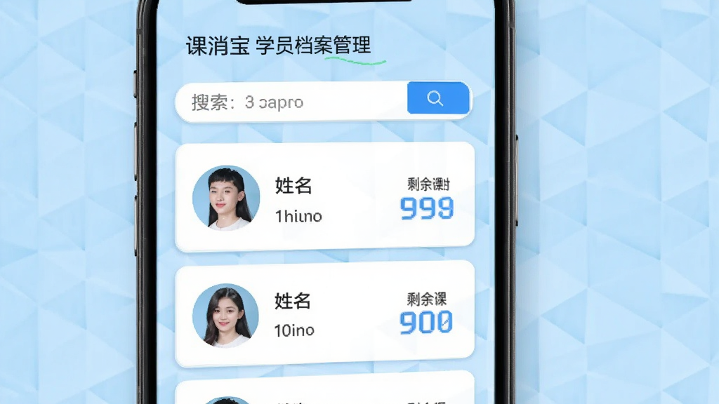 课消宝学员档案管理页面,手机屏幕展示学员信息卡片与搜索框,卡片包含头像、姓名、剩余课时数字,背景为浅蓝色几何纹理,风格清新简约,布局规整,细节精致,画质高清,无多余装饰